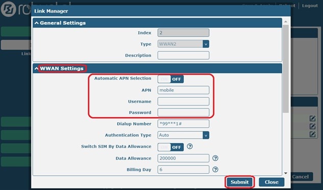 Link Manager SIM2 (WWAN2)の設定