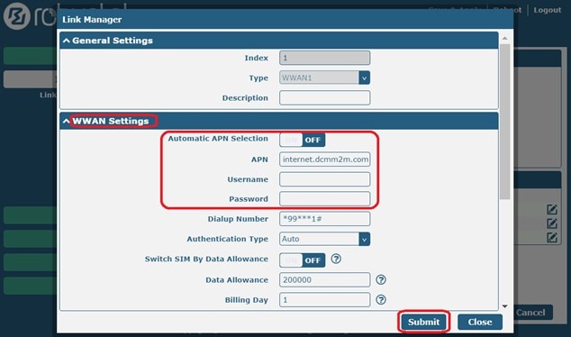 Link Manager SIM1 (WWAN1)の設定