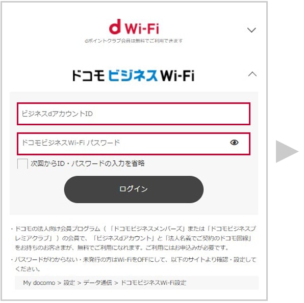 【4】ビジネスdアカウントのID、ドコモビジネスWi-Fiパスワードを入力します。